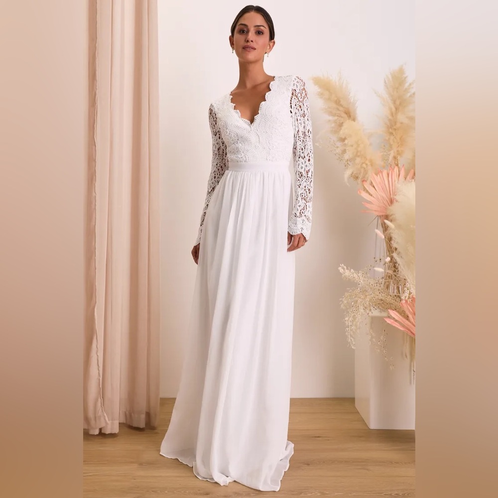 NWT Lulu’s Awaken My Love White Long Sleeve Lace Maxi Dress